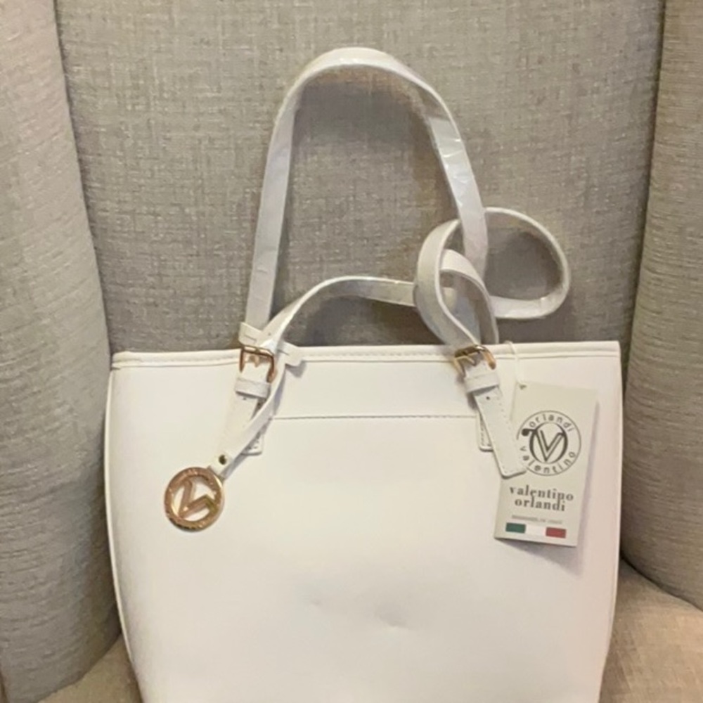 2 Pc. Valentino Orlandi White Gold Tote Bag and Pouch NWT - Picture 2 of 7